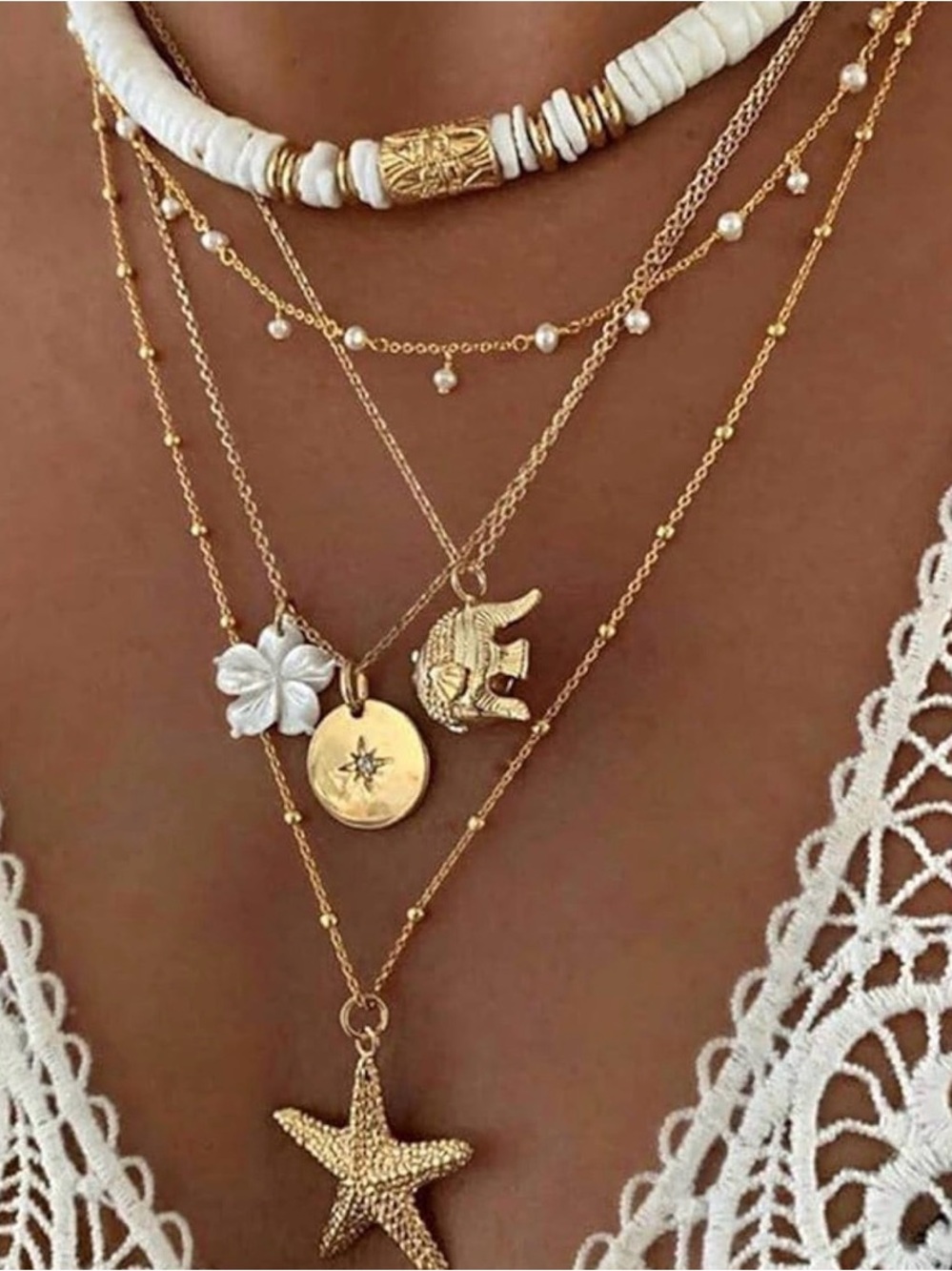 Layered Gold and White Charm Necklace Set - Women Jewelry